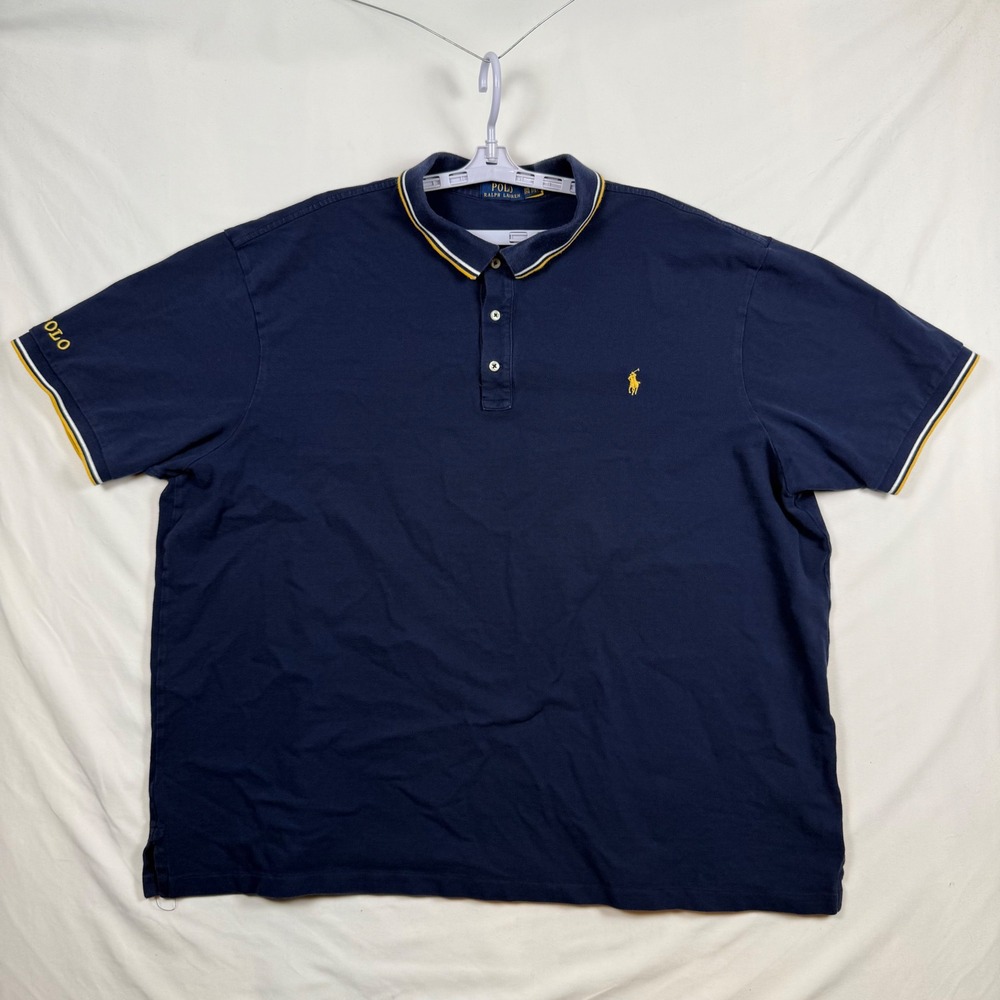Polo Ralph Lauren Mens 3XB Navy Blue Short Sleeve Tipped Polo Shirt Yellow Pony